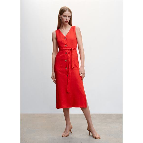 Mango 100% Linen Shirtie Dress in Red Size 2 Button Down Front Belted - Picture 2 of 15